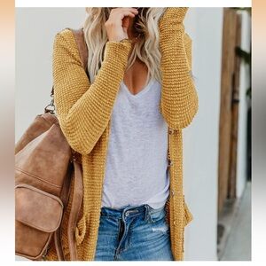 Boho Long Sleeve Cardigan Button Front Waffle Knit Like New Yellow Lightweight